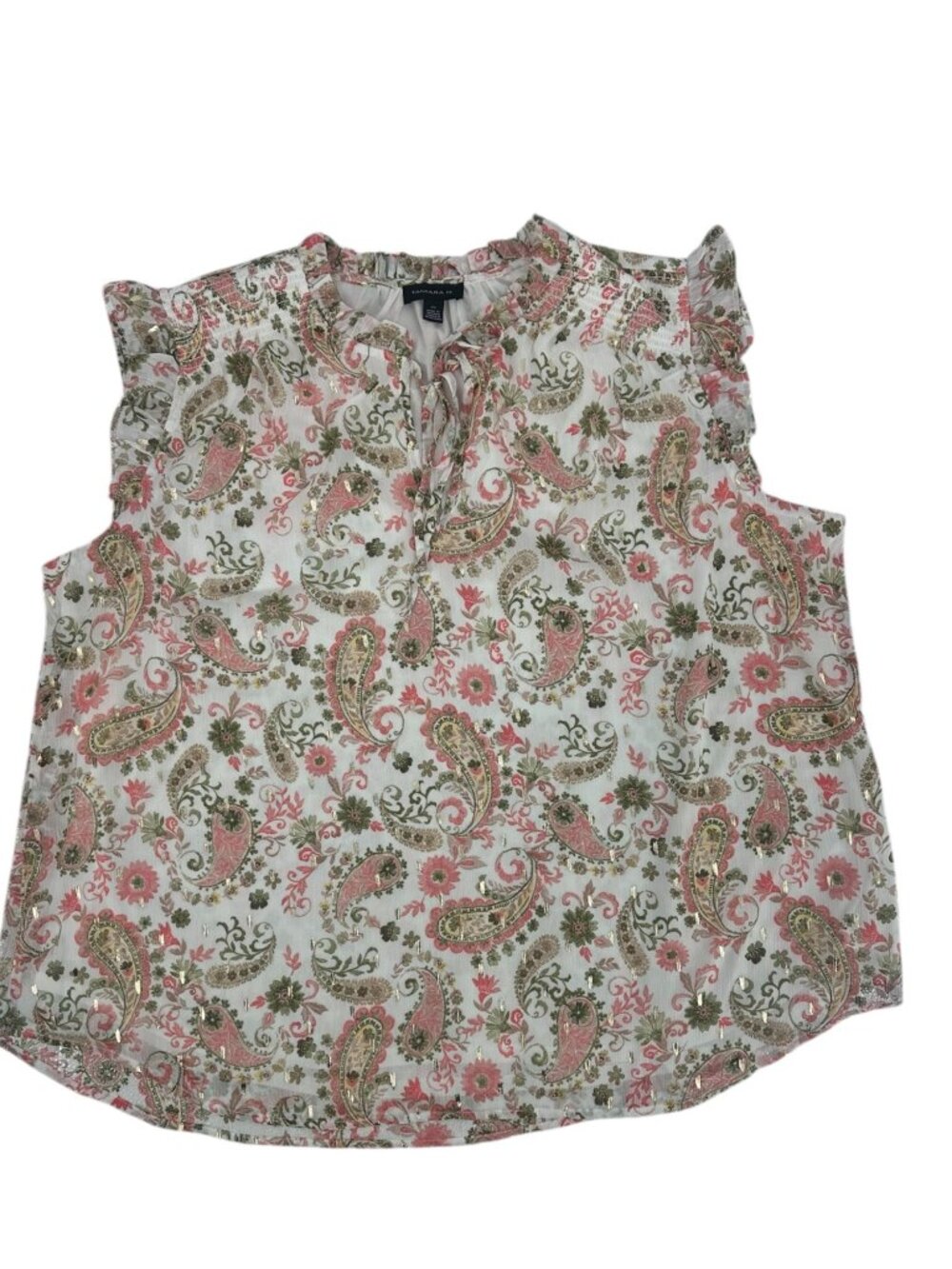 Tamara H Women Paisley Floral Blouse 2X Plus Gold Metallic Tie Boho Neck Ruffle - Picture 3 of 9